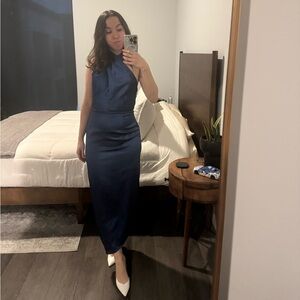 ✨Navy Blue Silk-like midi Collar Tie Dress✨